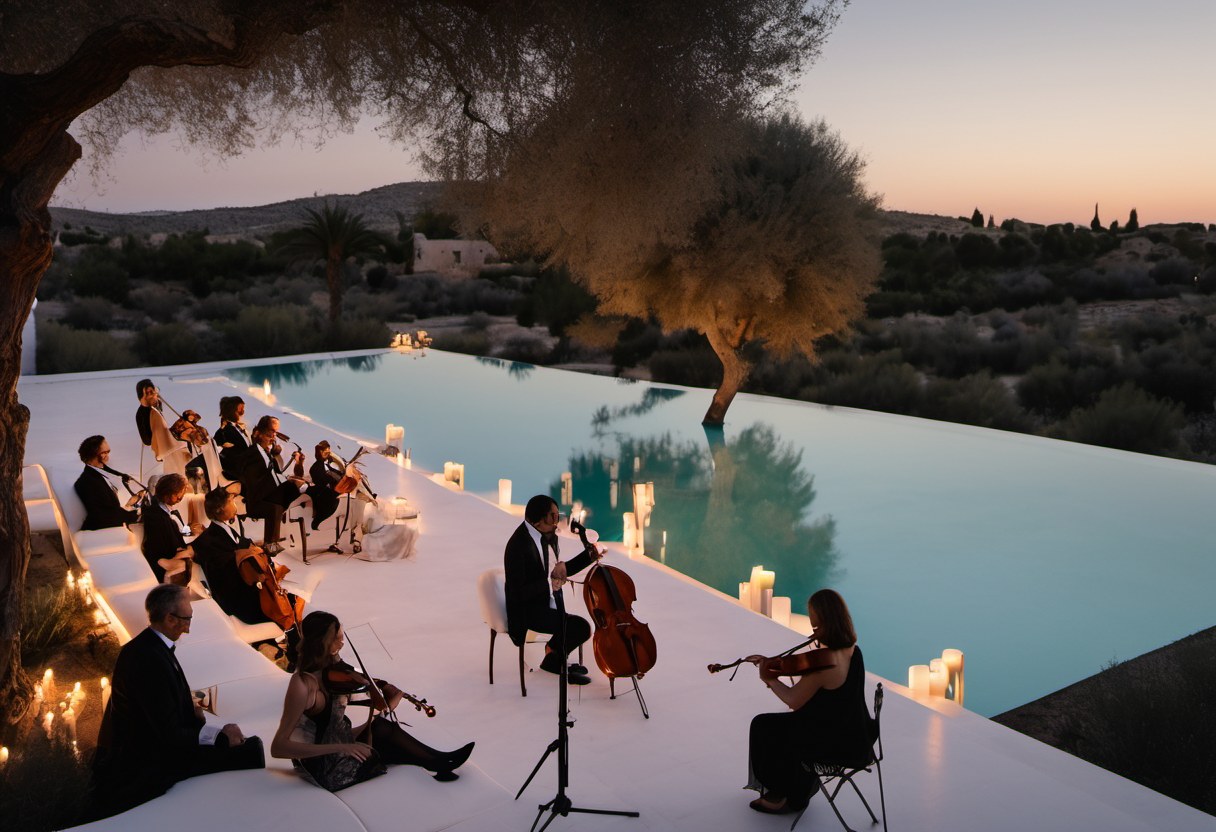 Private orchestra production over a pool at dusk — Xsed Producciones